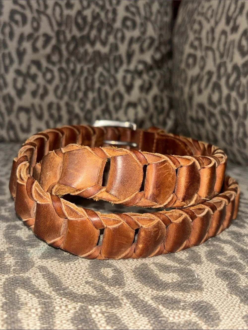 Distressed braided leather belt Argentina leather brushed nickle buckle men’s 34